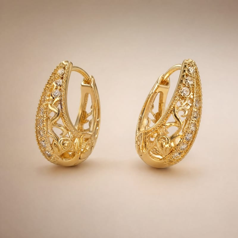 Gold filigree teardrop hoops, CZ pavé edge