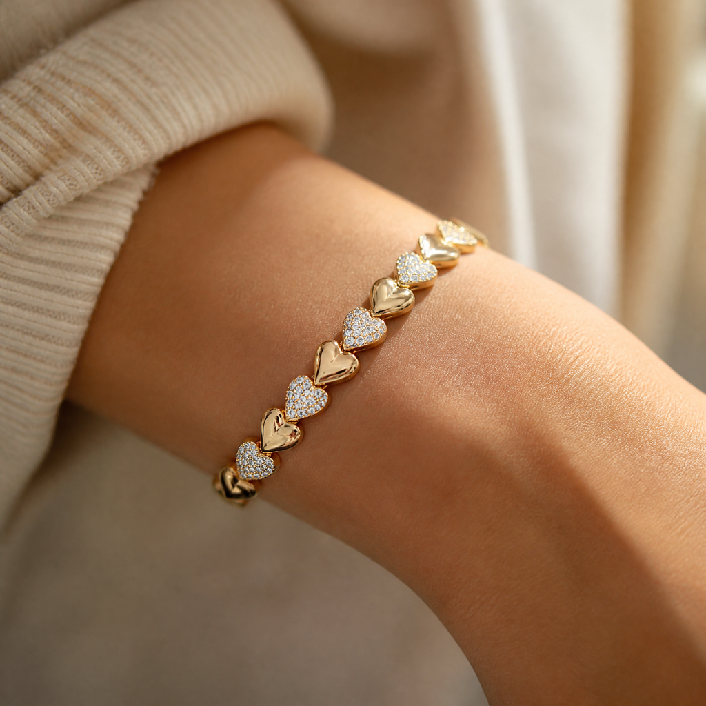 Gold pave heart tennis bracelet