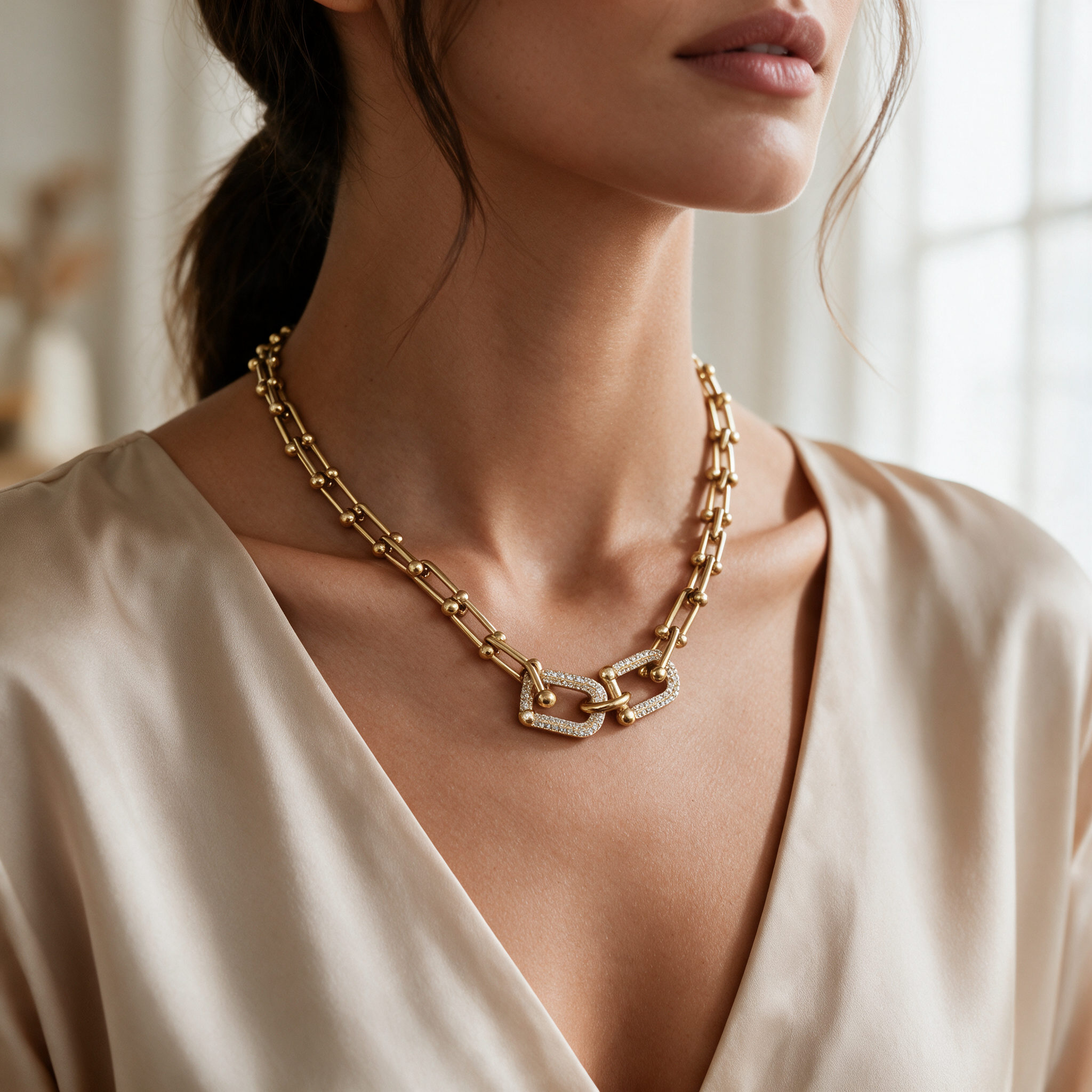 Gold chunky U-link necklace with pave centre link