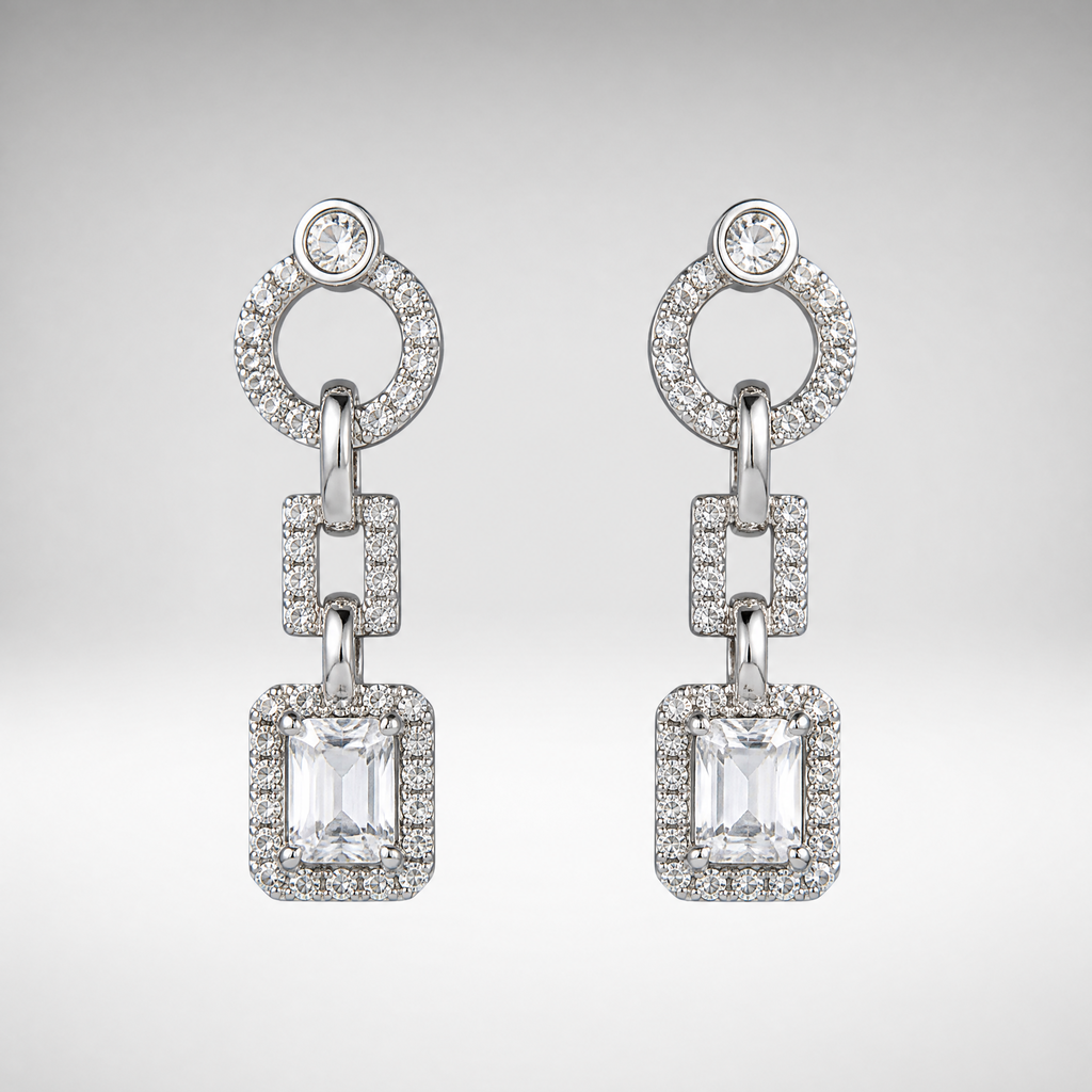 Silver CZ drop earrings with emerald-cut stone