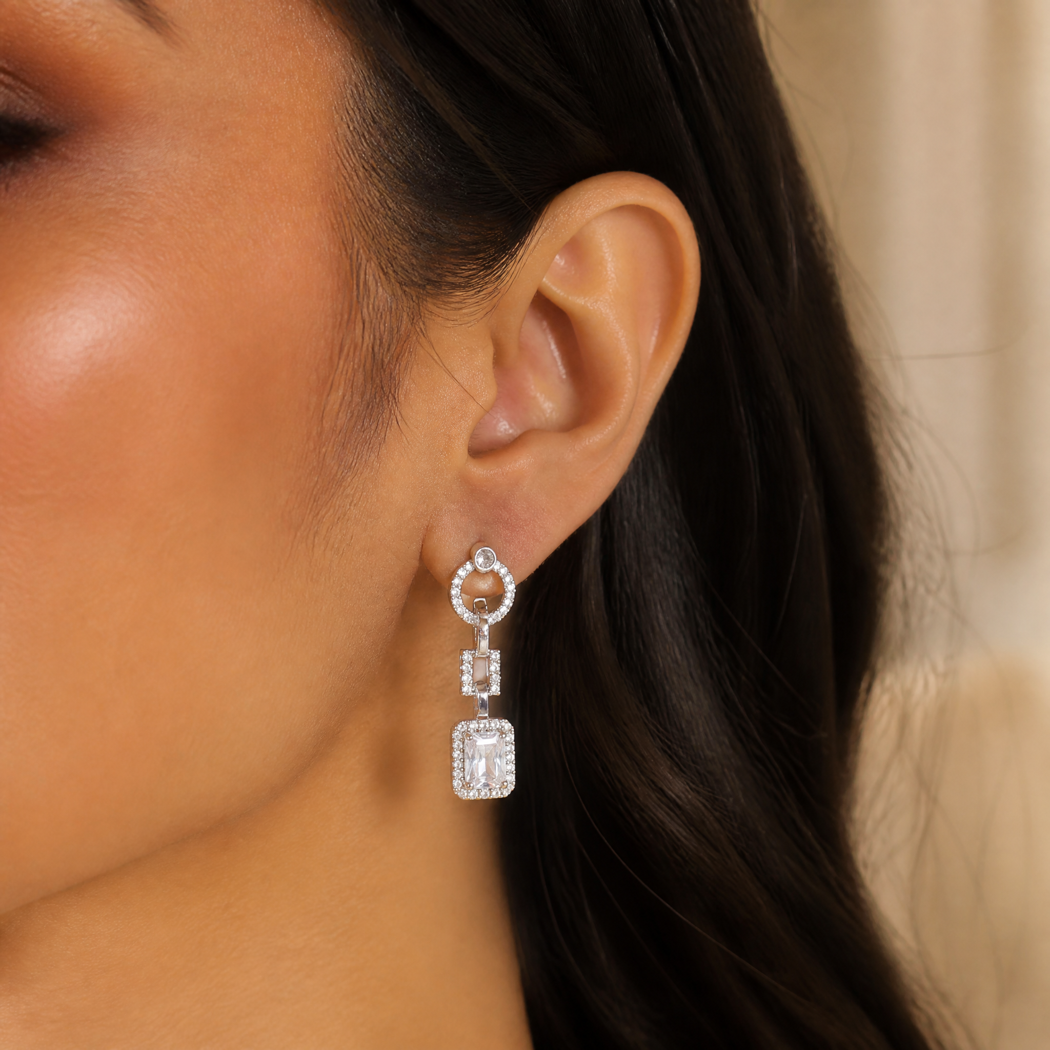 Silver CZ drop earrings with emerald-cut stone
