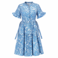 Blue paisley print tiered midi shirt dress with belt