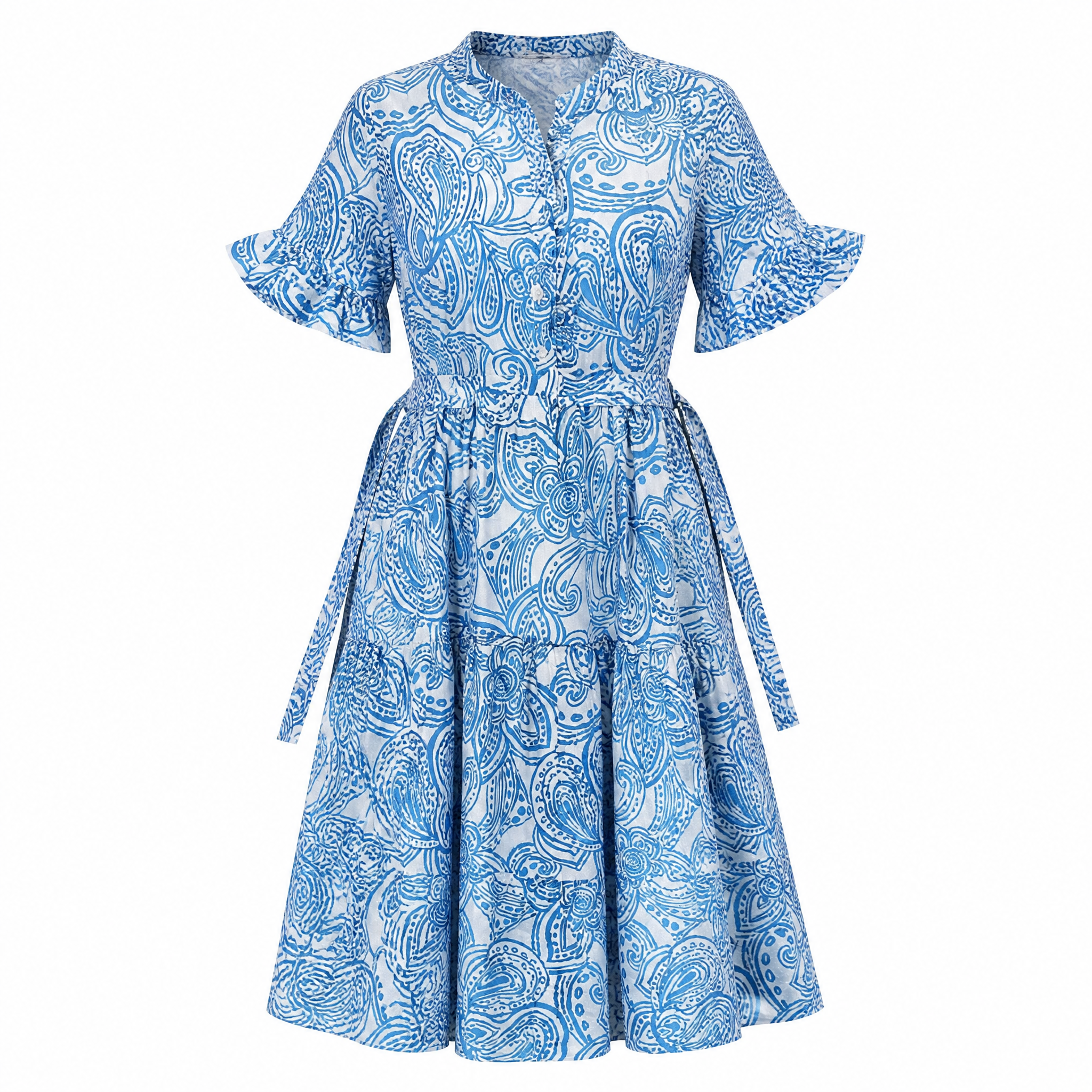 Blue paisley print tiered midi shirt dress with belt