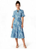 Blue paisley print tiered midi shirt dress with belt