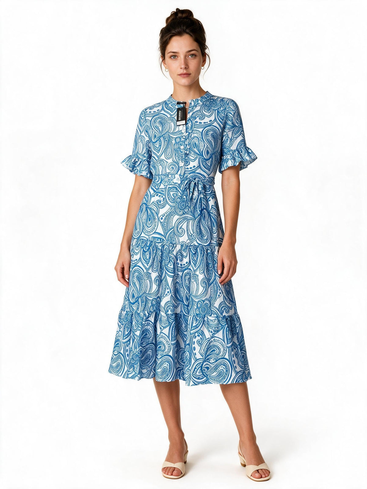 Blue paisley print tiered midi shirt dress with belt