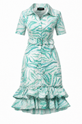 Green leaf print tiered ruffle midi shirt dress with belt