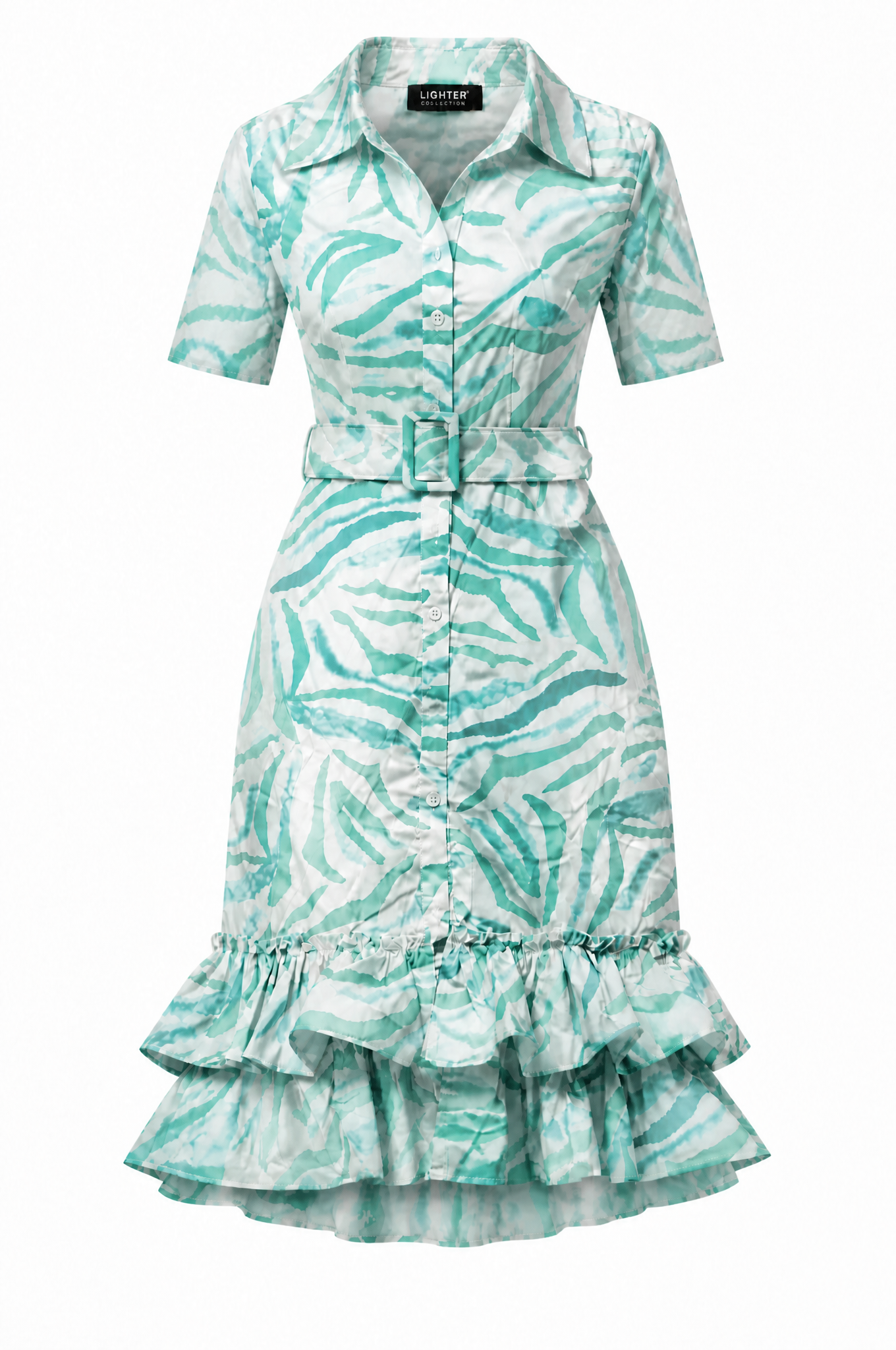 Green leaf print tiered ruffle midi shirt dress with belt
