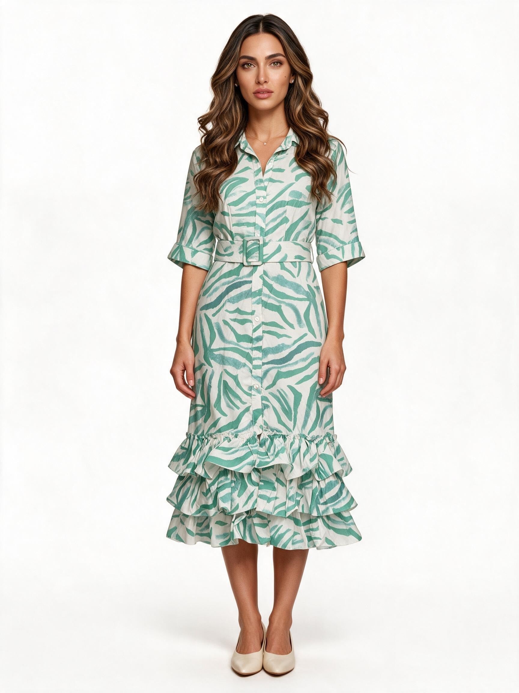 Green leaf print tiered ruffle midi shirt dress with belt