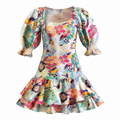 Multicolour floral print tiered ruffle mini dress with puff sleeves