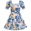 Blue and orange floral print tiered ruffle mini dress with puff sleeves