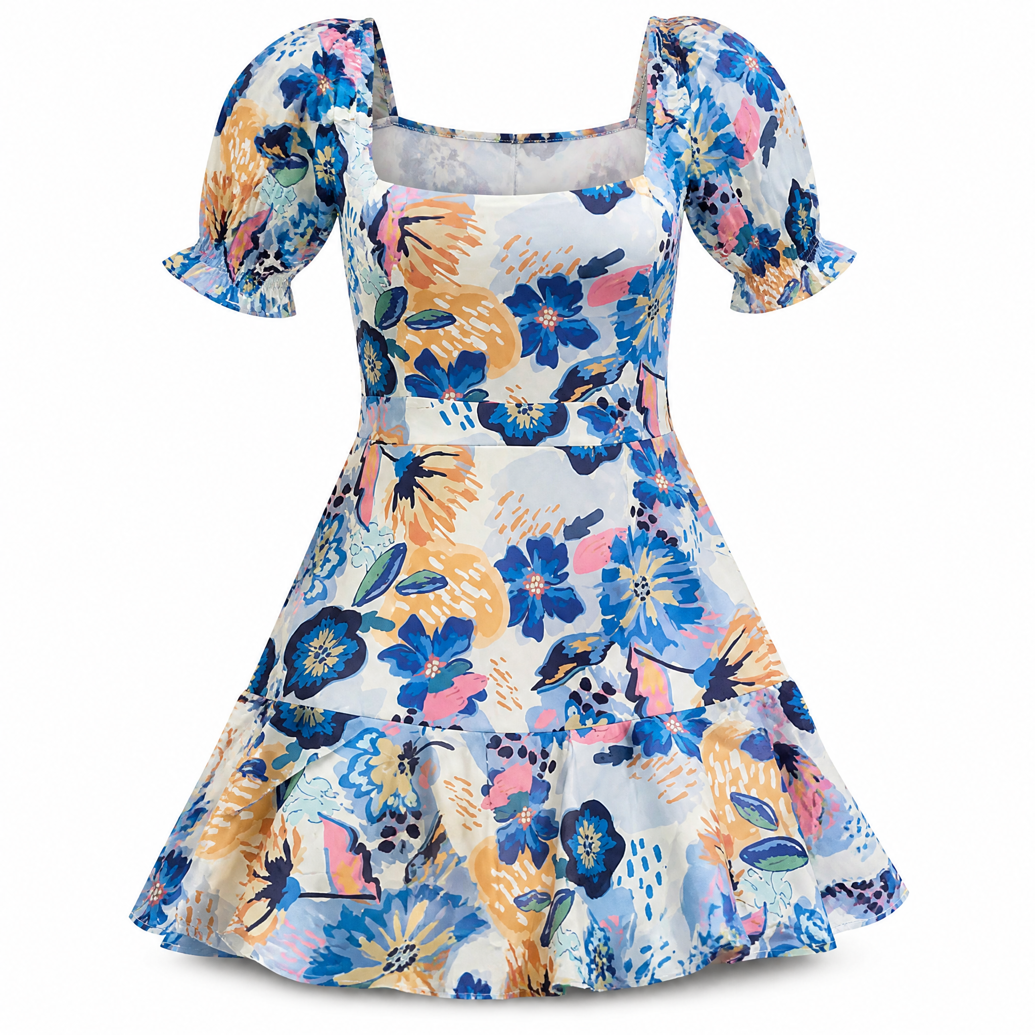 Blue and orange floral print tiered ruffle mini dress with puff sleeves
