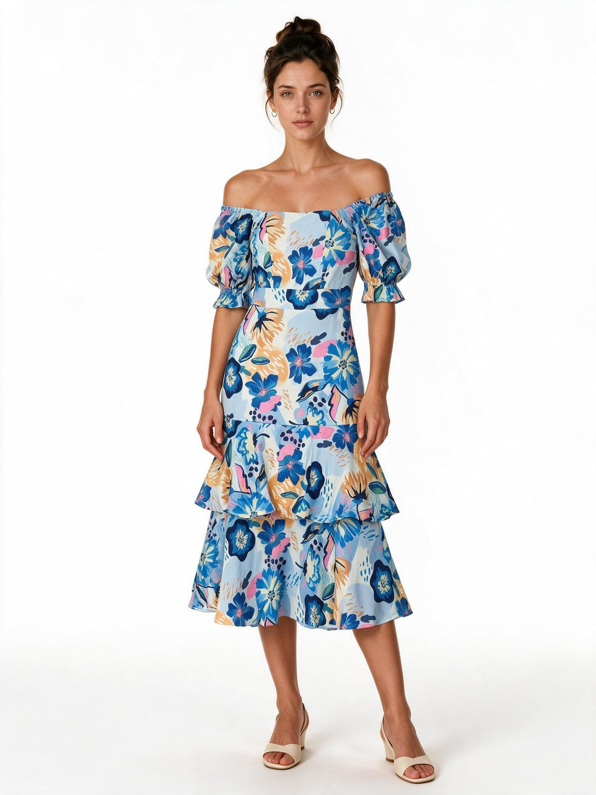 Blue and orange floral print tiered ruffle mini dress with puff sleeves