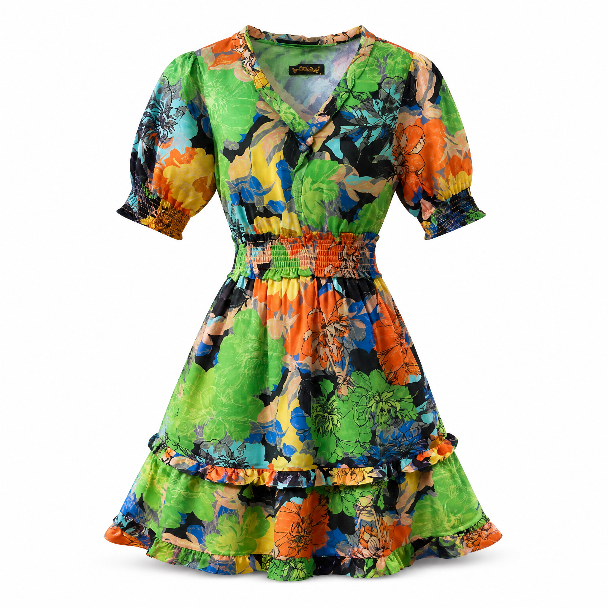 Green and orange floral print tiered ruffle mini dress with puff sleeves
