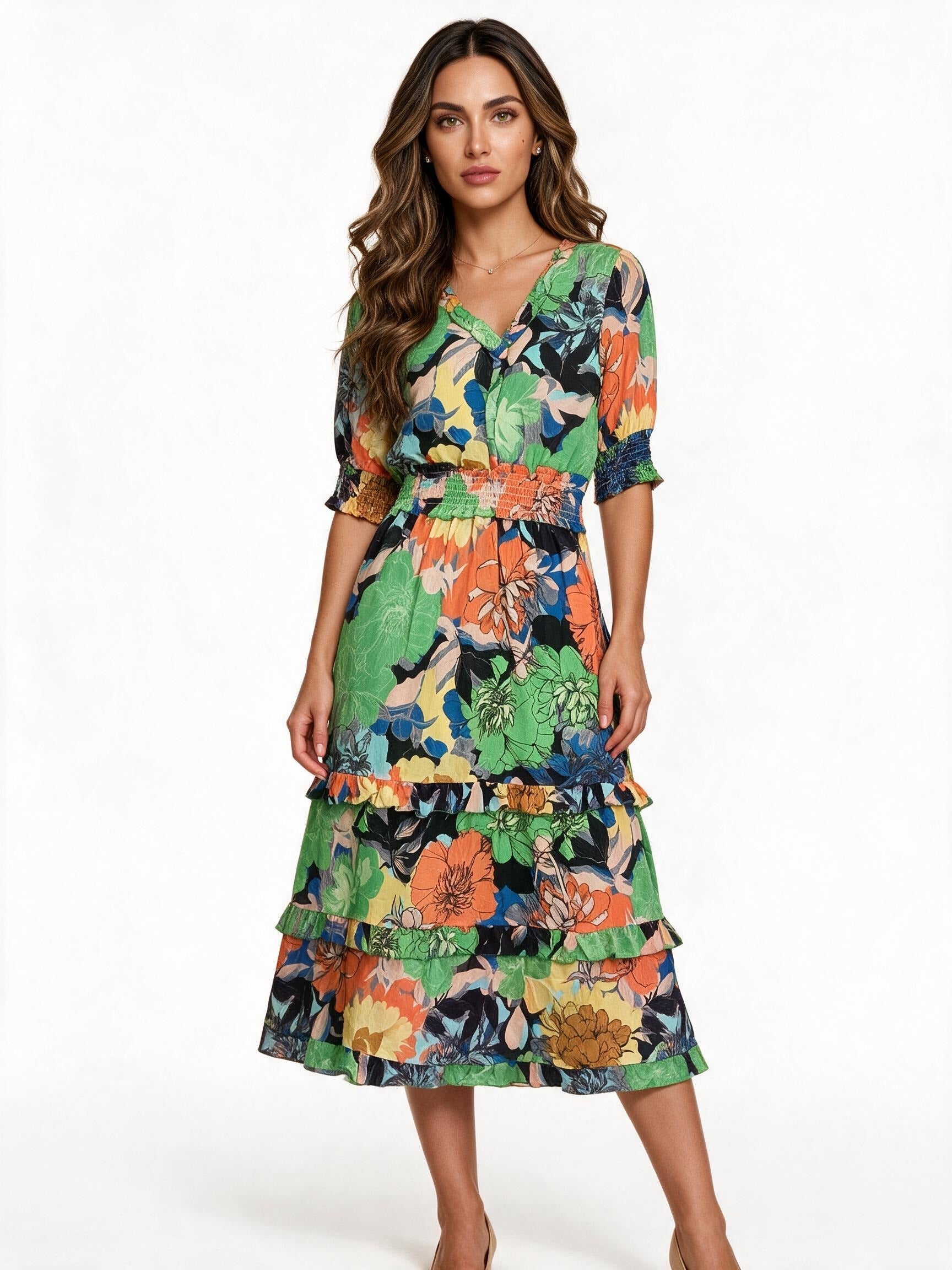 Green and orange floral print tiered ruffle dress with puff sleeves