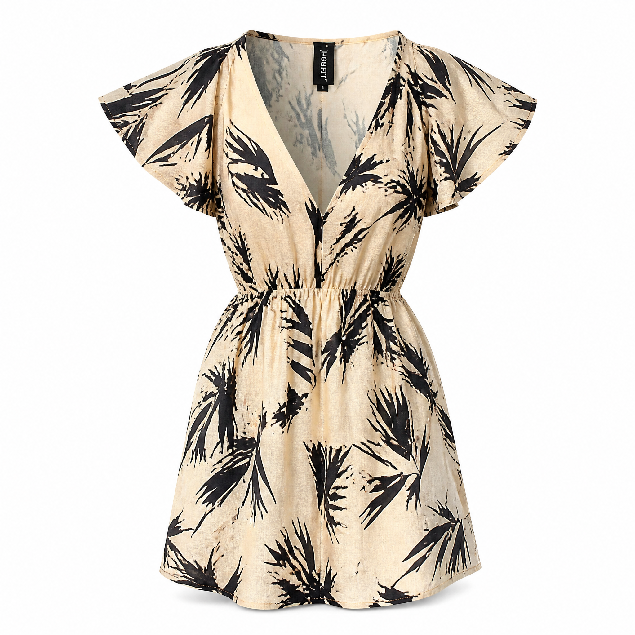 Cream and black palm print flutter sleeve mini dress