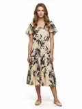 Cream and black palm print flutter sleeve dress