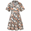 Orange and black chevron print tiered midi shirt dress with belt