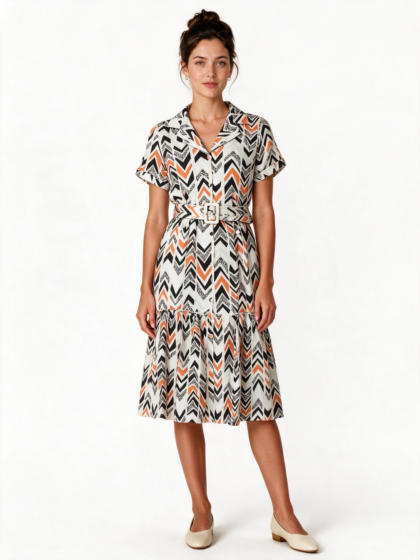 Orange and black chevron print tiered midi shirt dress with belt