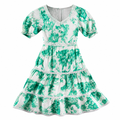 Green tie-dye tiered ruffle midi dress with lace trim