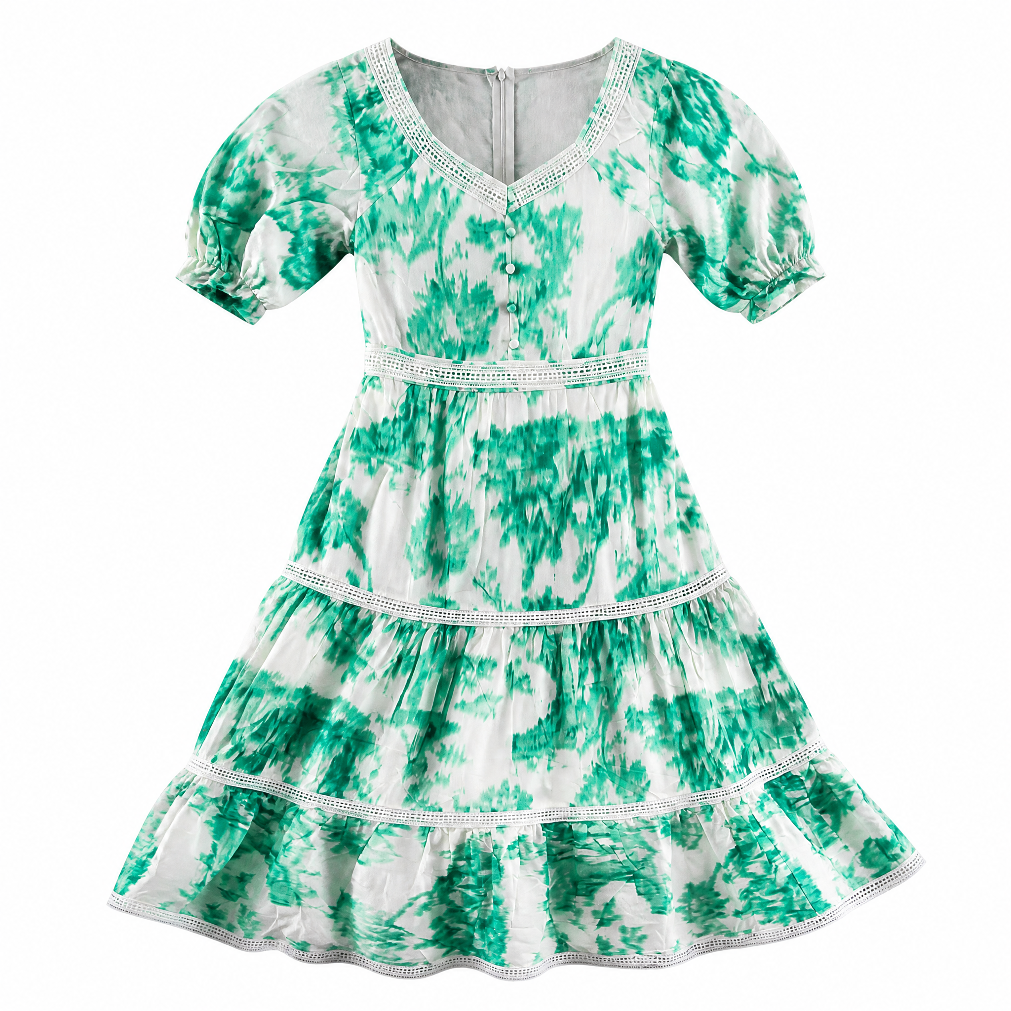 Green tie-dye tiered ruffle midi dress with lace trim