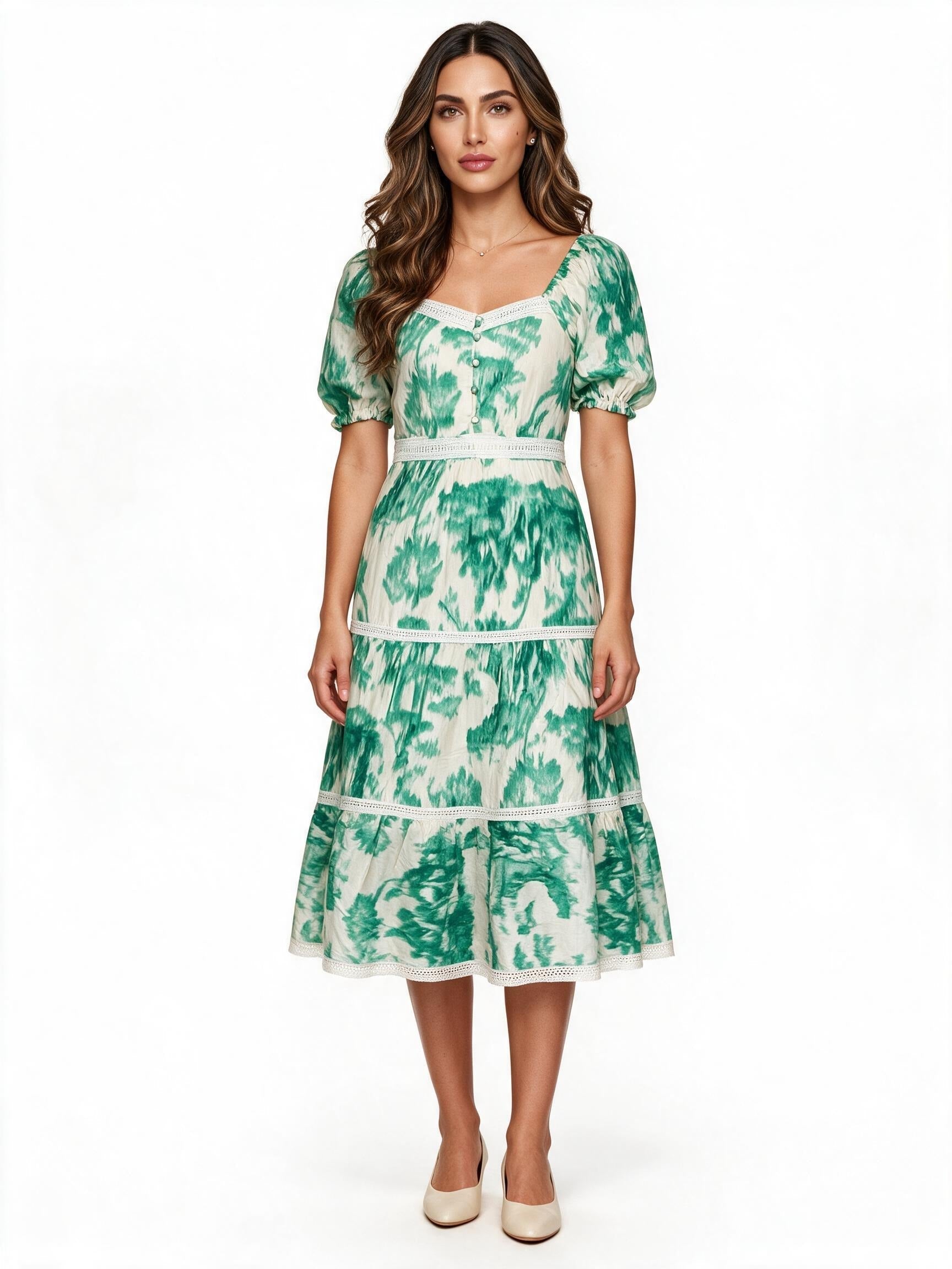 Green tie-dye tiered ruffle midi dress with lace trim