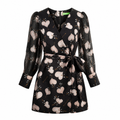 Black mini dress with peach heart print and wrap tie belt