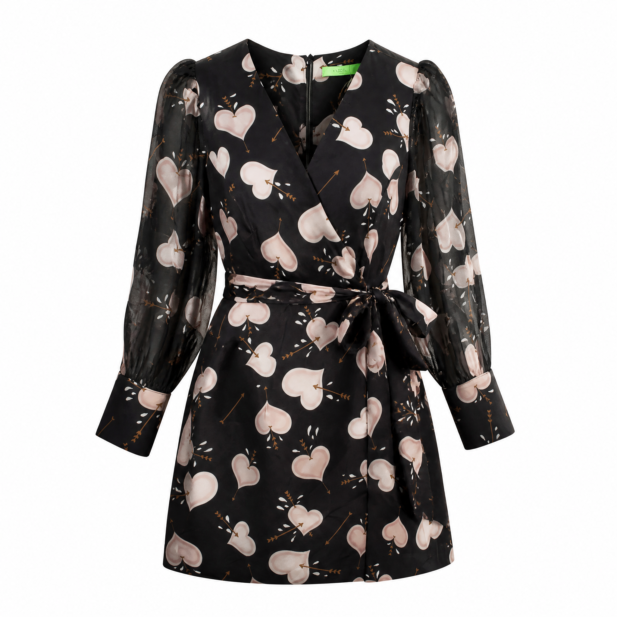 Black mini dress with peach heart print and wrap tie belt