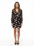 Black mini dress with peach heart print and wrap tie belt