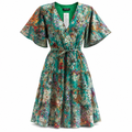 Green floral print chiffon mini dress with flutter sleeves and belt