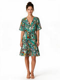 Green floral print chiffon dress with flutter sleeves and belt