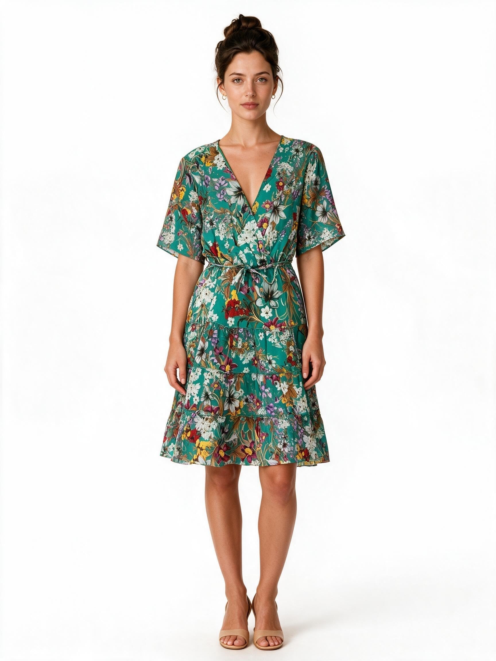 Green floral print chiffon dress with flutter sleeves and belt
