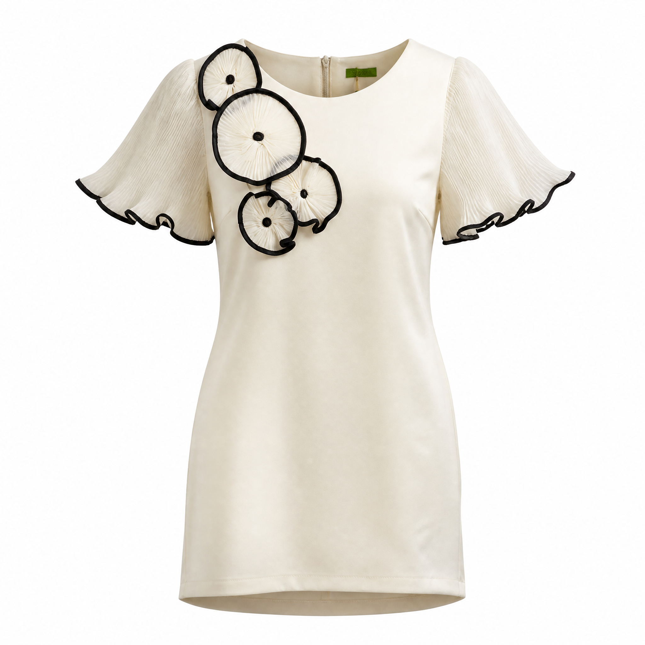 Cream shift dress with black circle applique and ruffle sleeves