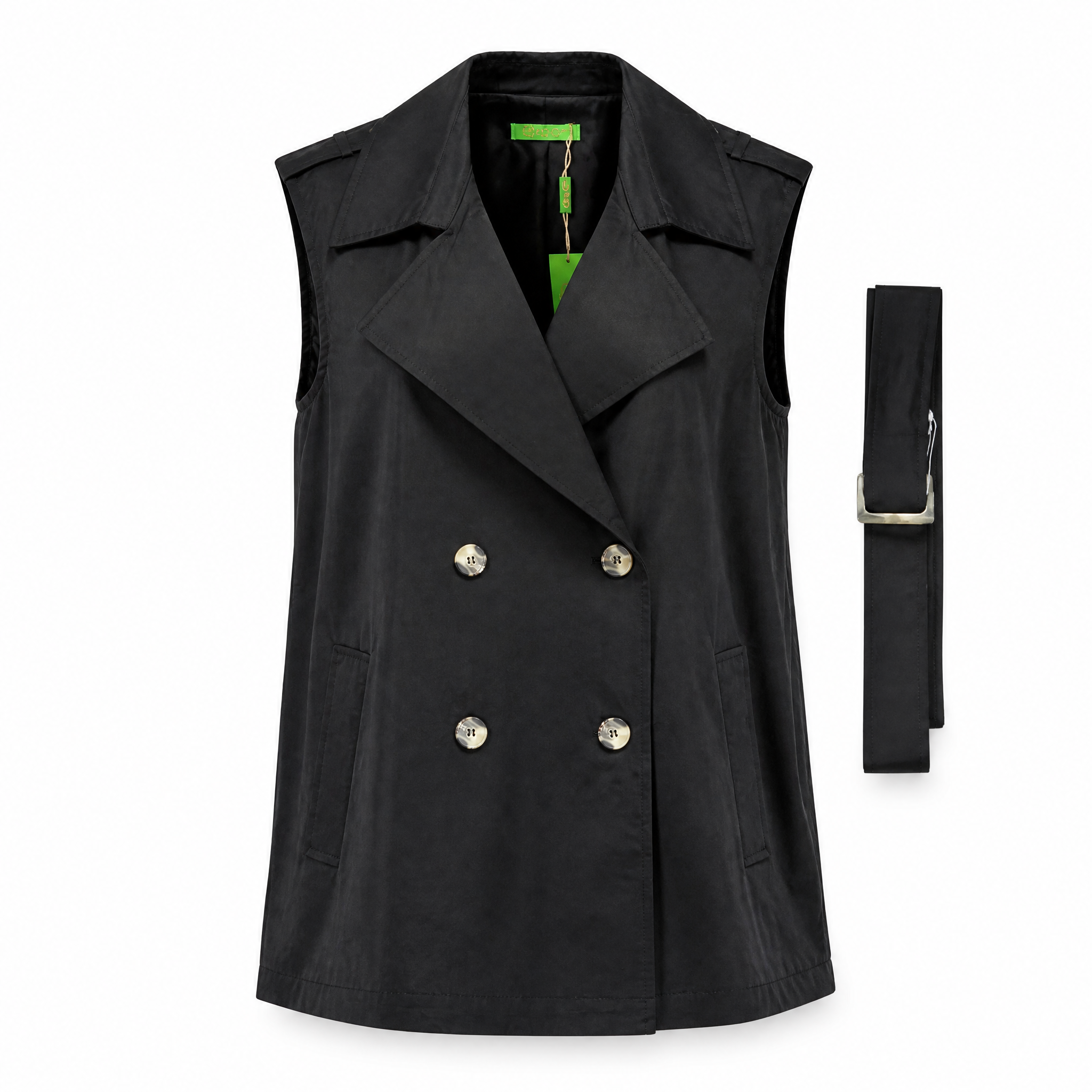 Black sleeveless double-breasted blazer dress with belt