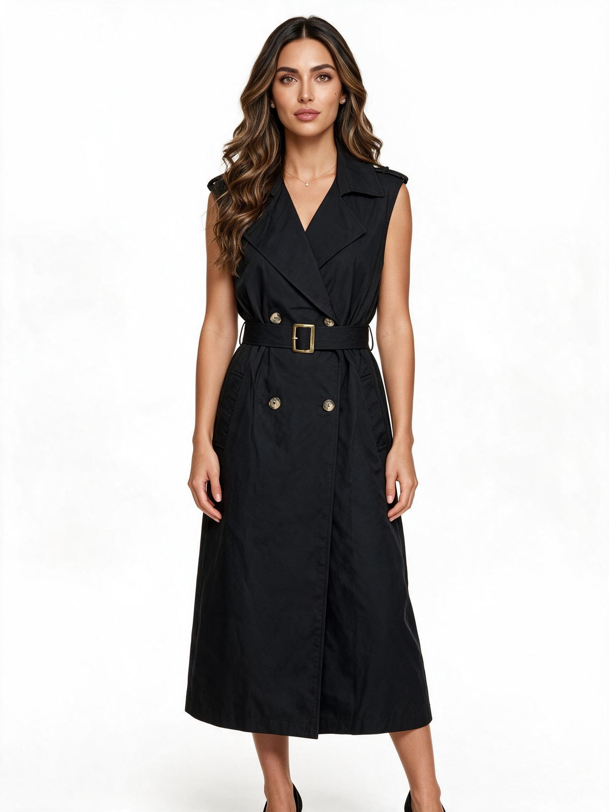 Black sleeveless double-breasted trench jacket with belt