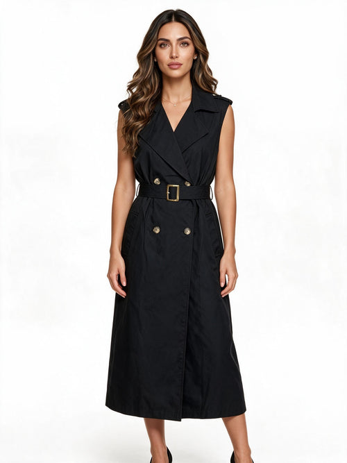 Black sleeveless double-breasted trench jacket with belt