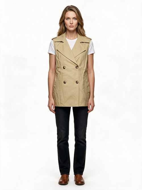 Beige sleeveless double-breasted trench jacket