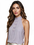 Lilac halter neck top with pleat and pearl detail