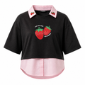 Black layered t-shirt with pink collar and strawberry print