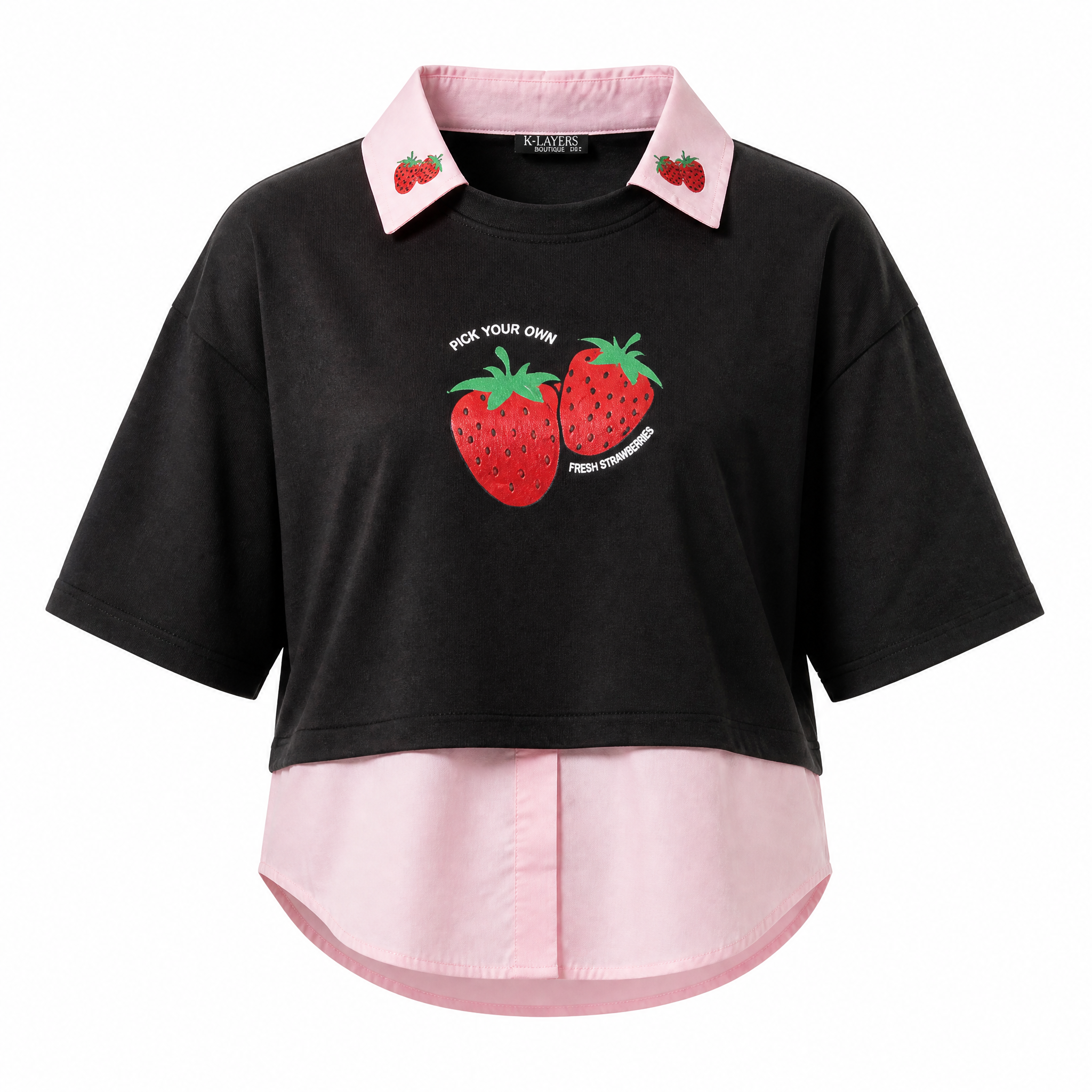 Black layered t-shirt with pink collar and strawberry print
