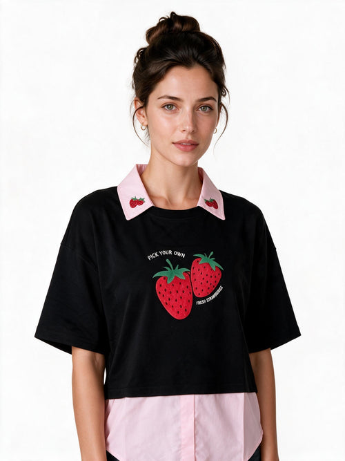 Black layered t-shirt with pink collar and strawberry print