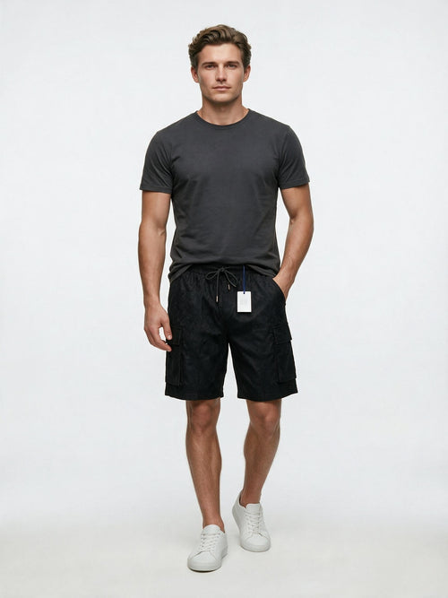 Black jacquard paisley cargo shorts