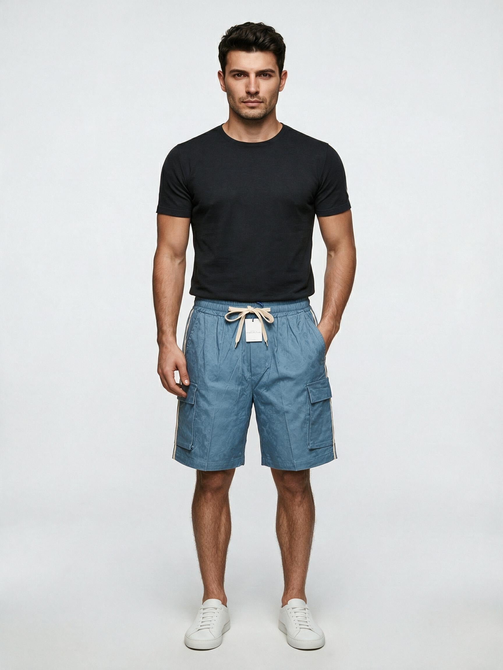 Light blue jacquard paisley cargo shorts