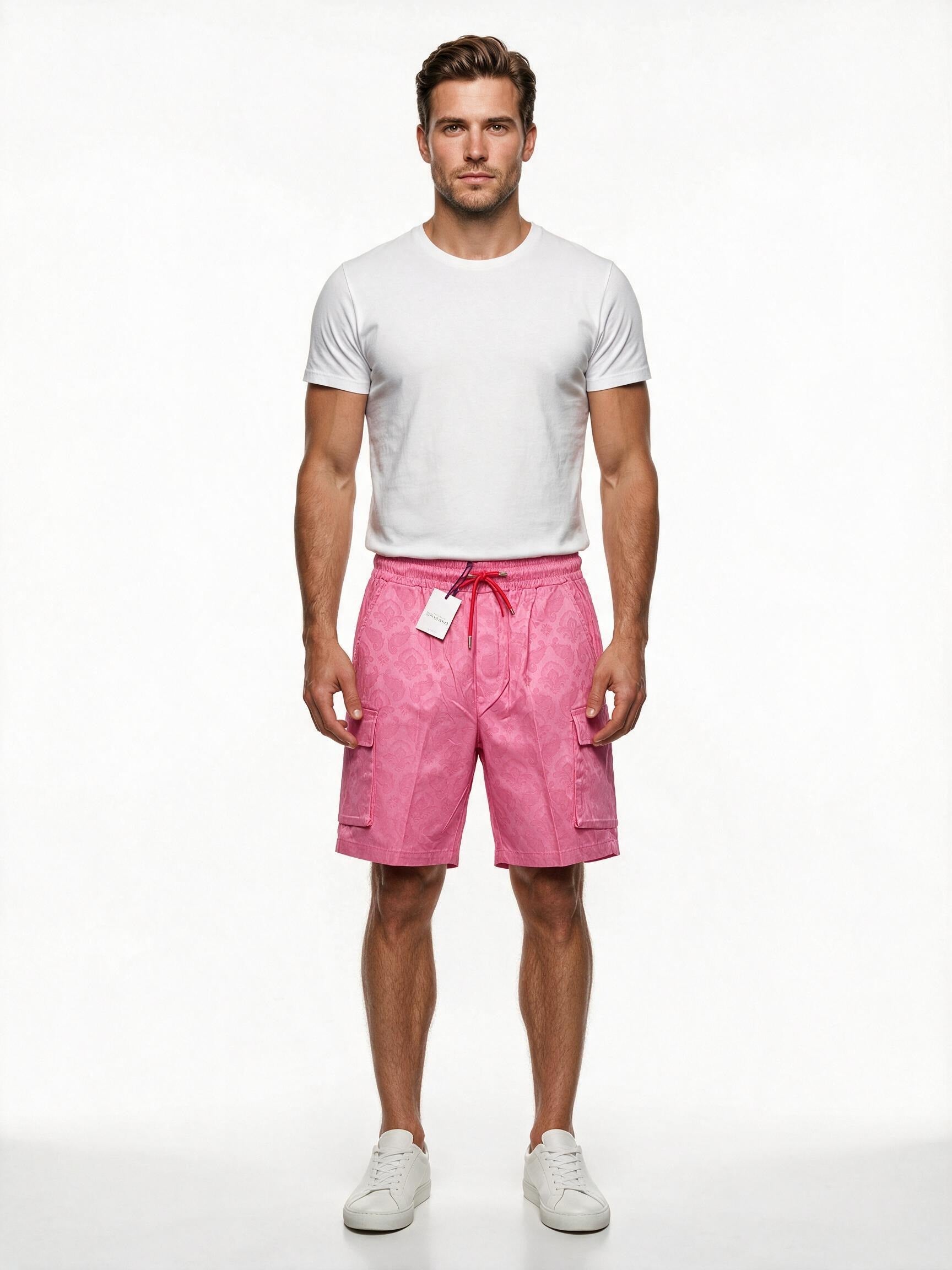 Pink jacquard paisley cargo shorts