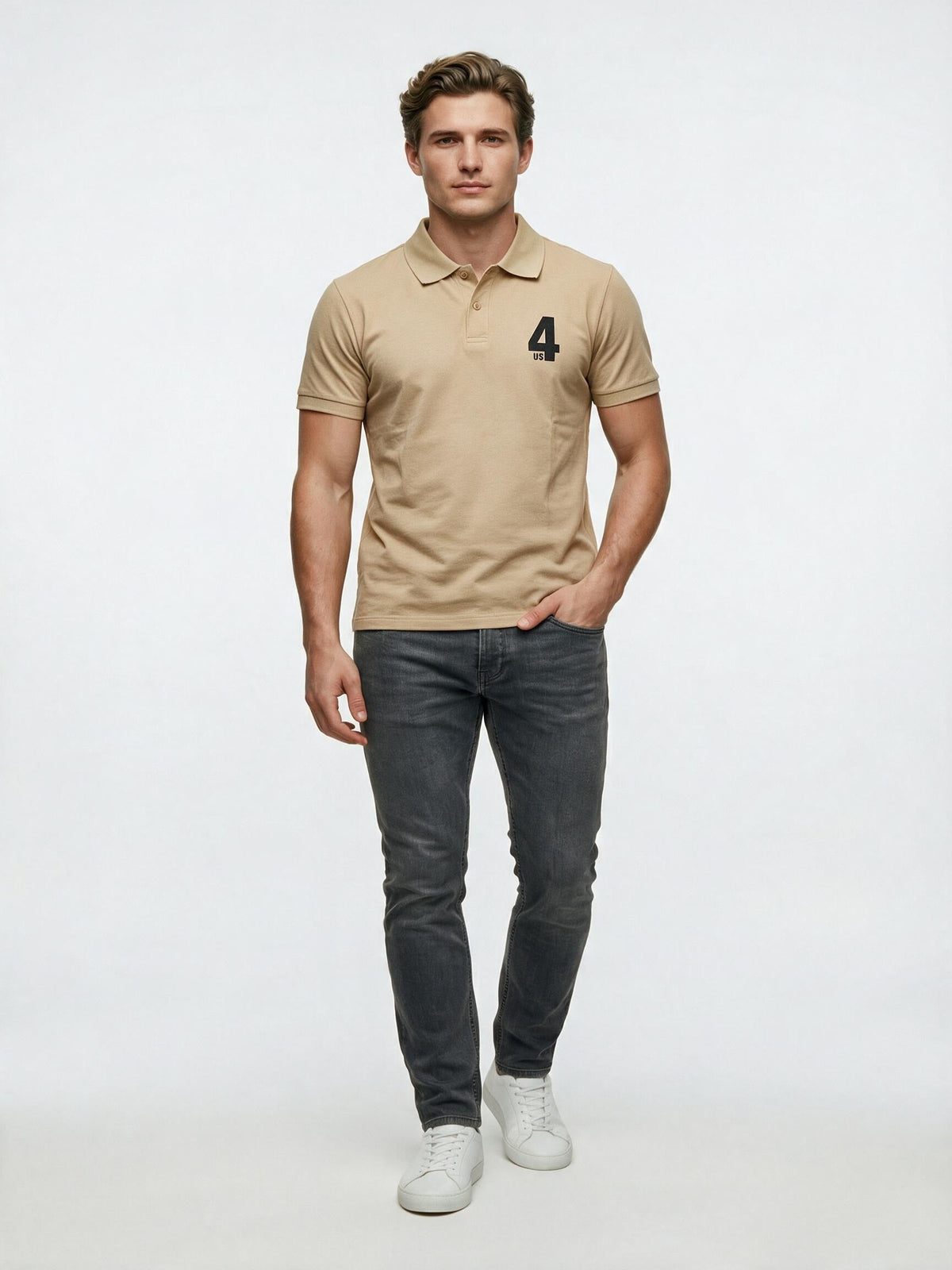 Beige 4US logo polo shirt