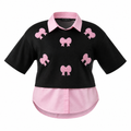 Black layered t-shirt with pink collar and bow applique