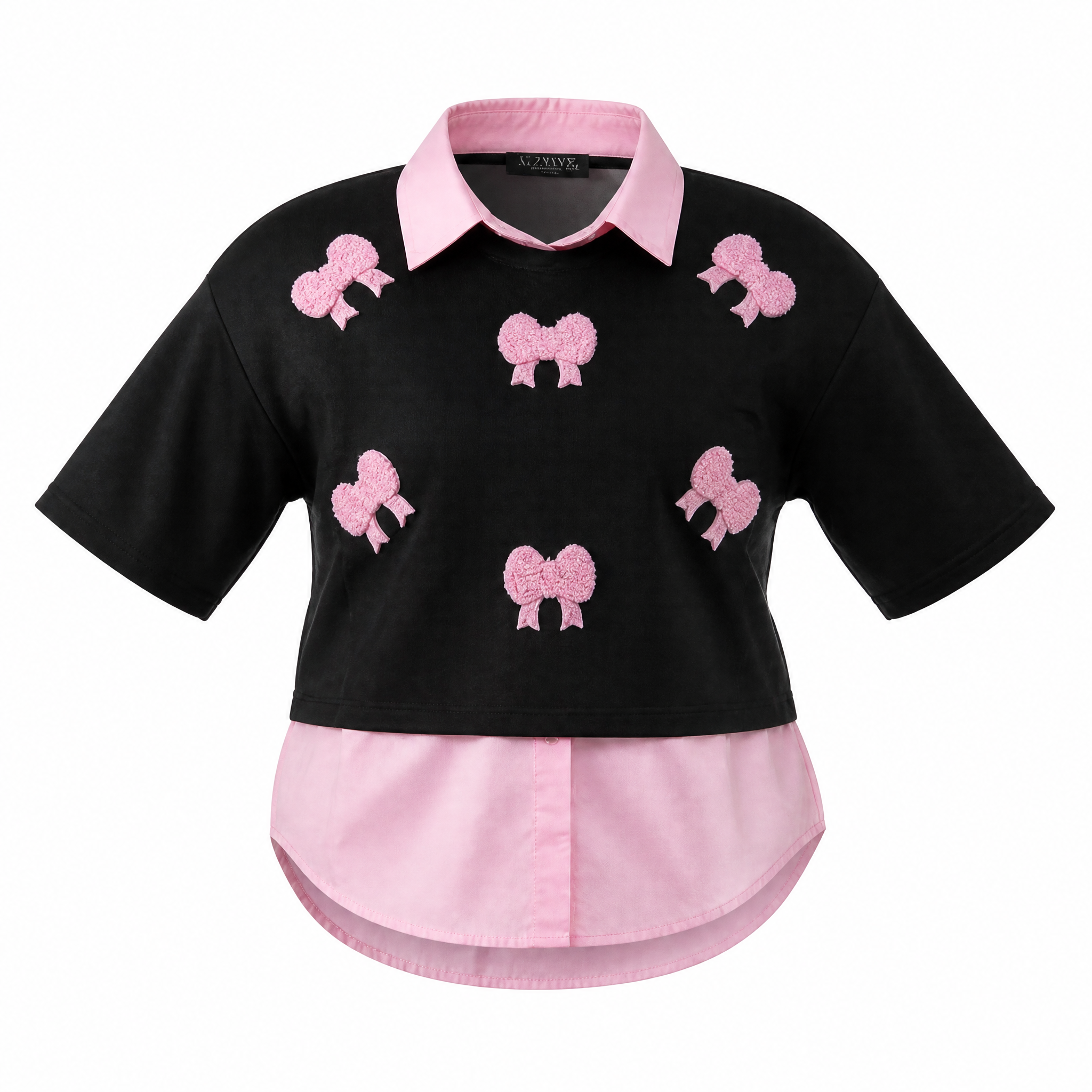 Black layered t-shirt with pink collar and bow applique
