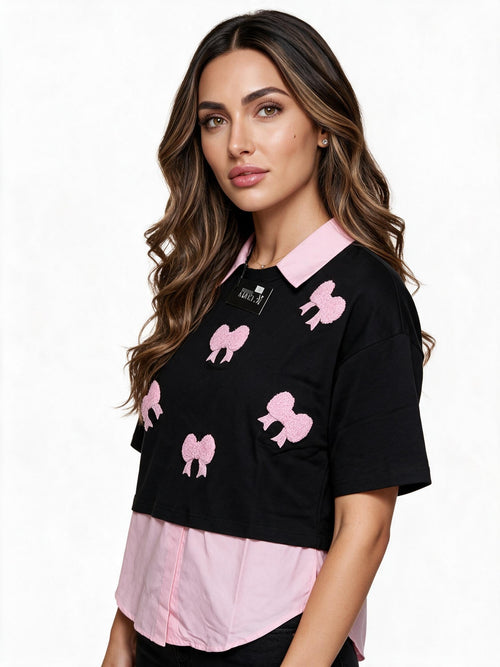 Black layered t-shirt with pink collar and bow applique