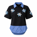 Black layered t-shirt with blue collar and floral applique