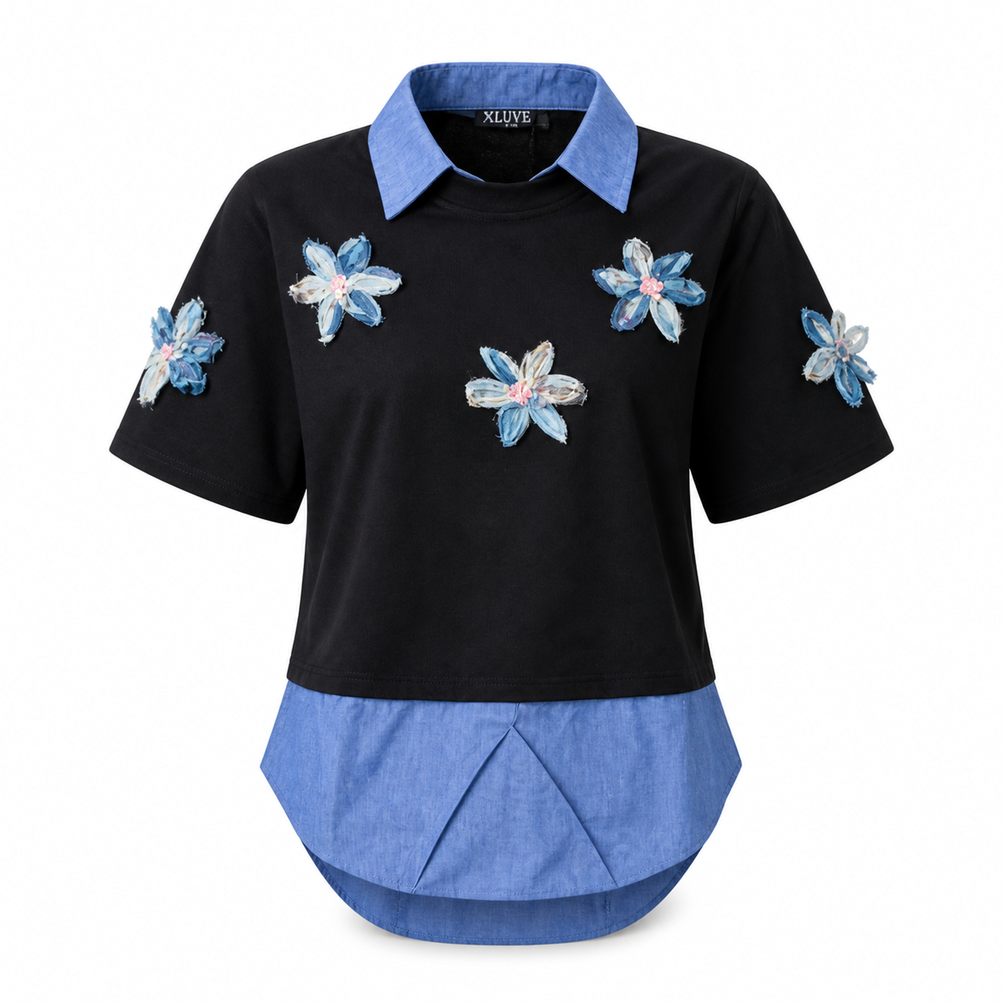 Black layered t-shirt with blue collar and floral applique
