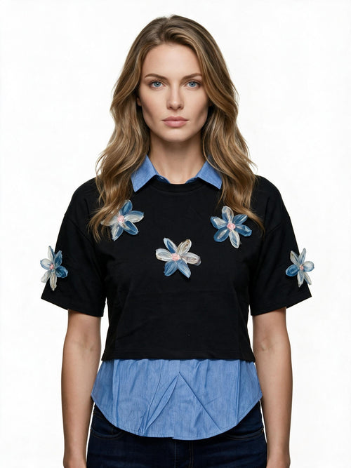 Black layered t-shirt with denim collar and flower applique